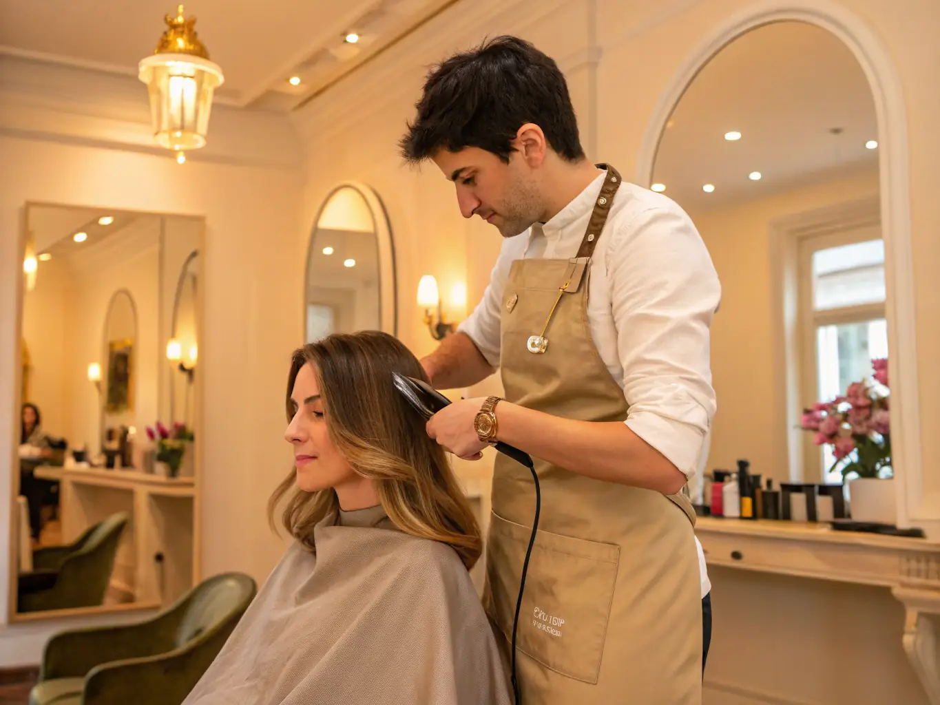 A stylist at Salon@Church is carefully applying highlights to a client's hair, demonstrating the precision and attention to detail that goes into their dimensional blonding services. The salon environment is modern and calming.