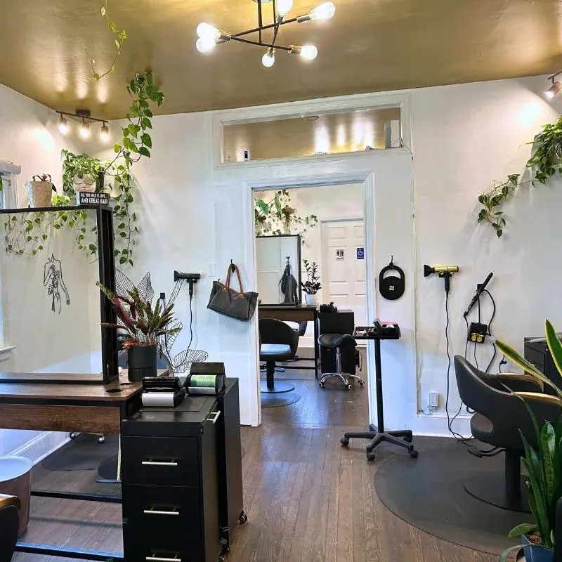 Plant-filled retail and lounge inside Sanctuary Salon and Spa in Cornelius, NC