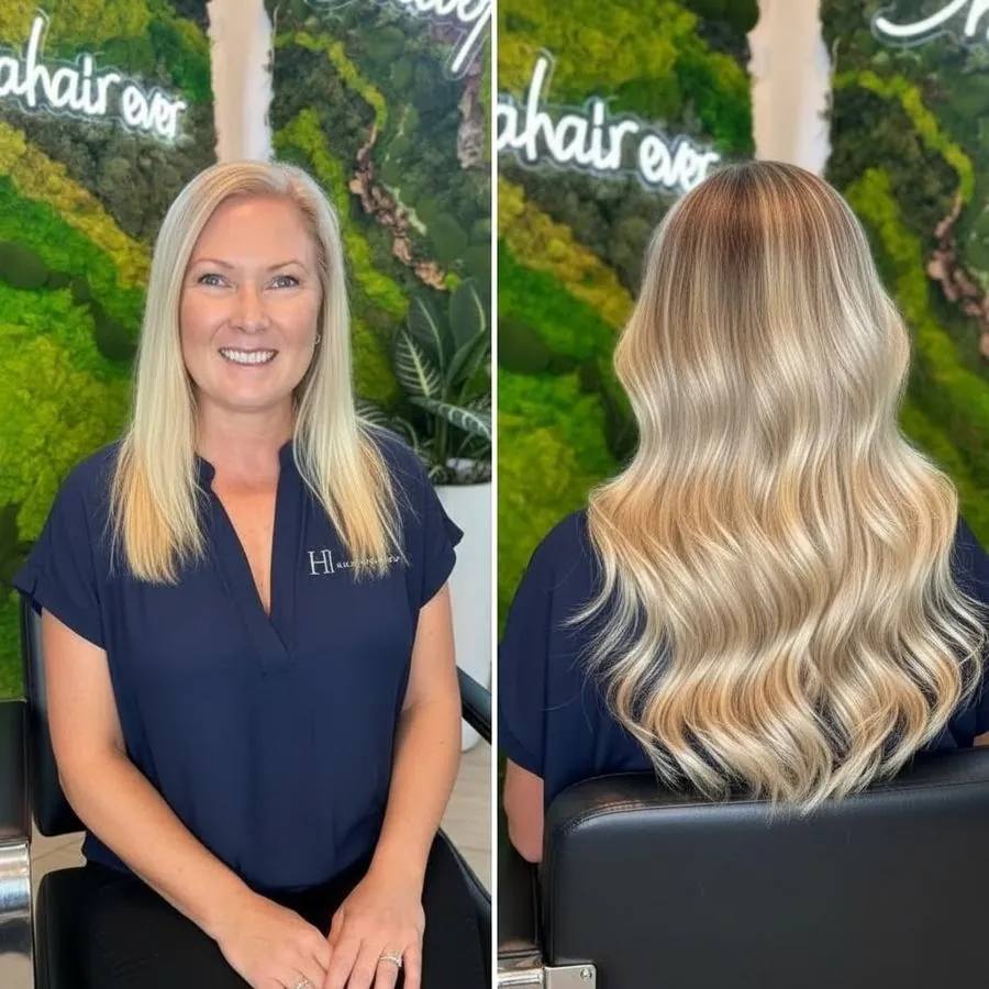 Before and after hair extensions and blonding at Sanctuary Salon and Spa, Cornelius NC
