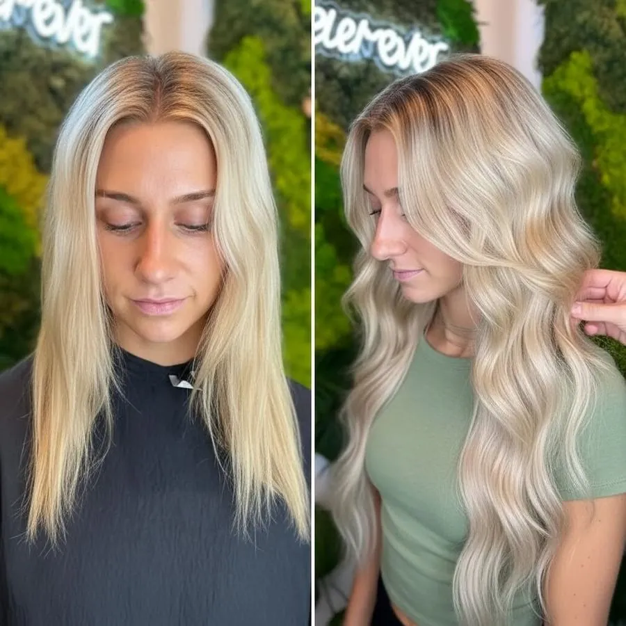 Before and after hand tied hair extensions in Cornelius NC